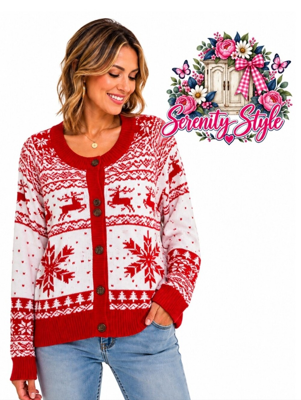 Dec. 25th XL Christmas Cardigan Red White Reindeer Snowflake Holiday Sweater